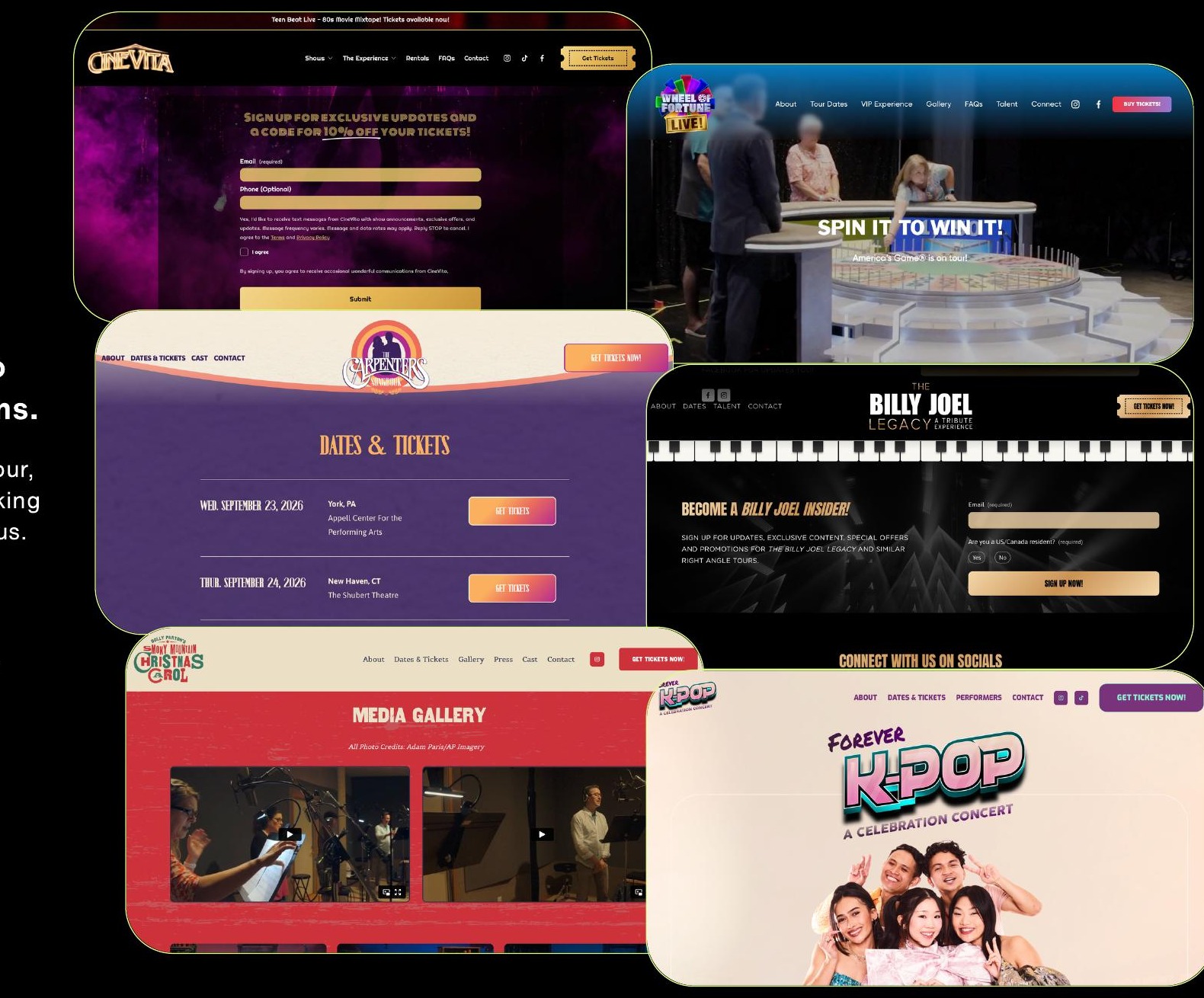 LightUp-built venue and tour websites with ticketing, email capture, and show content