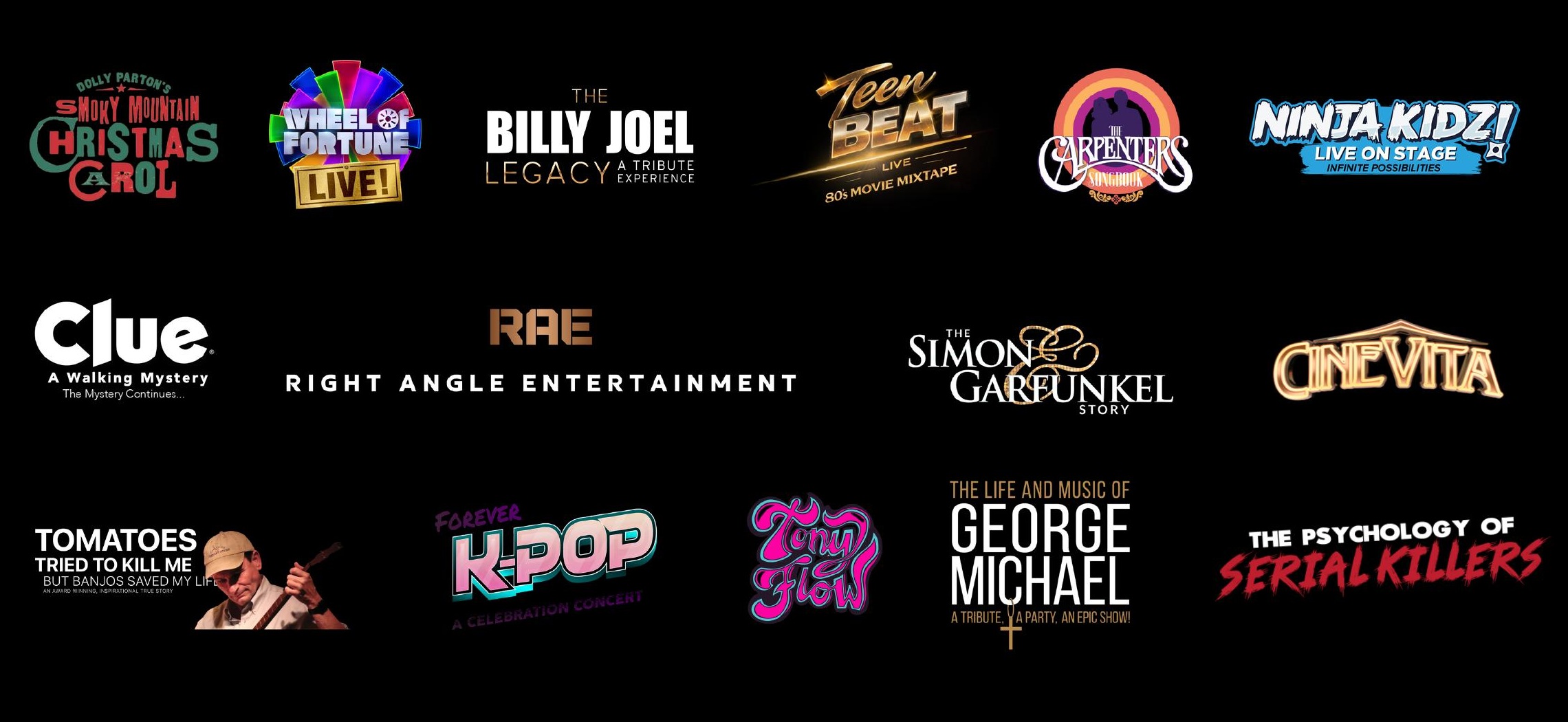 Logos of productions and venues that trust LightUp Designs